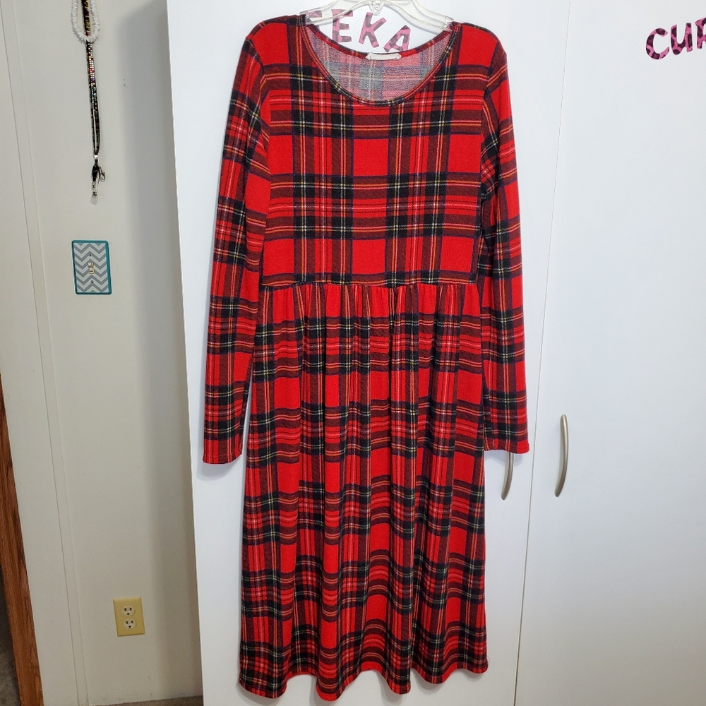 Red Plaid Long Sleeve Dress